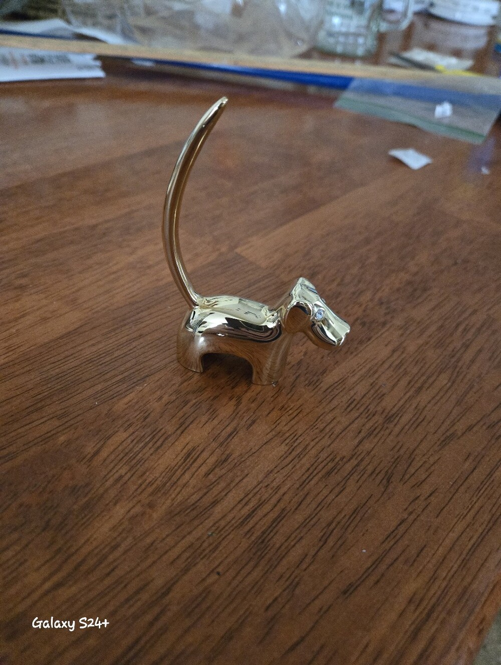 Gold Tone Metal Dog Figurine Long Tail Ring Holder Rhinestone Eyes